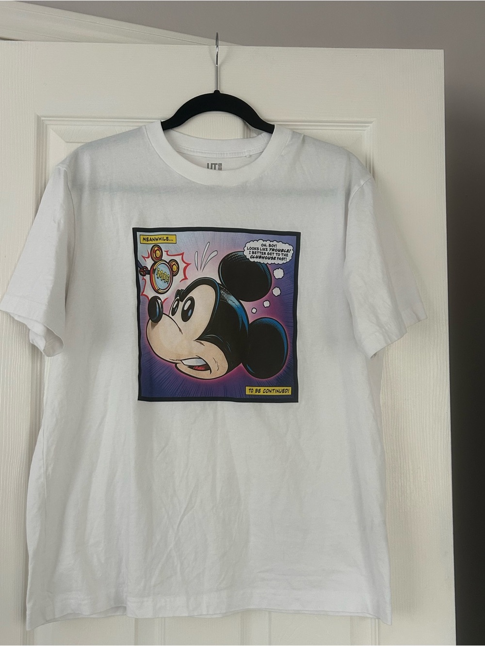 Disney White Short Sleeve Mickey Mouse Comic Panel Tee with Purple Accents